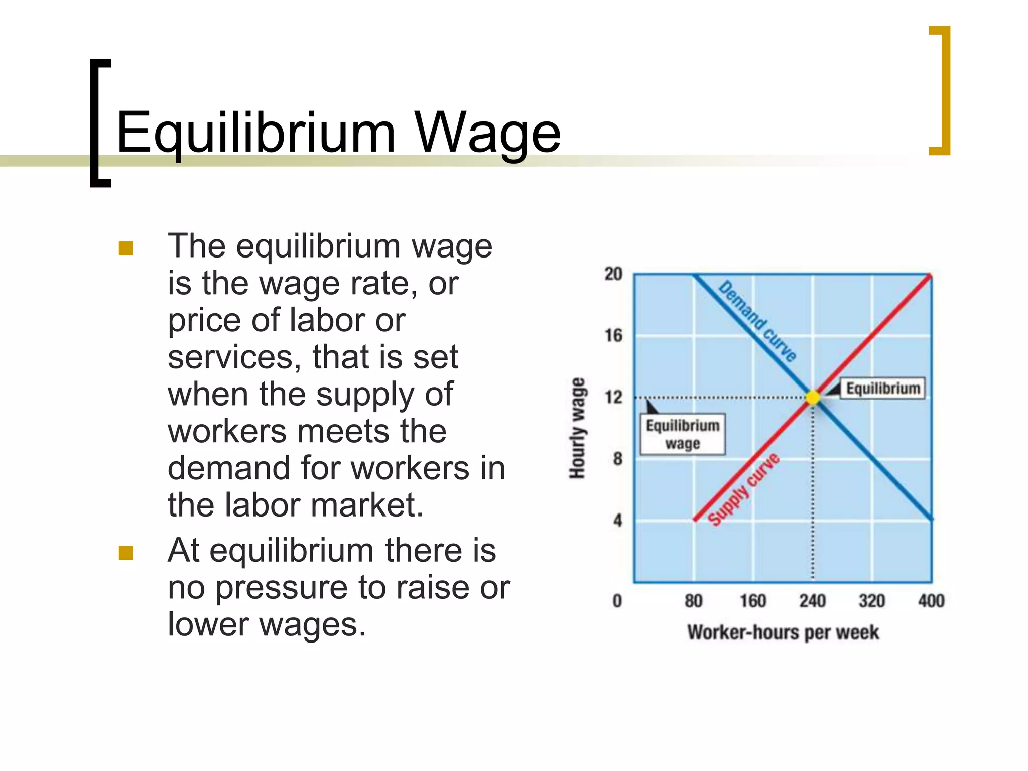 Equilibrium Wage
 The equilibrium wage
is the wage rate, or
price of labor or
services, that is set
when the supply of
workers meets the
demand for workers in
the labor market.
 At equilibrium there is
no pressure to raise or
lower wages.
 