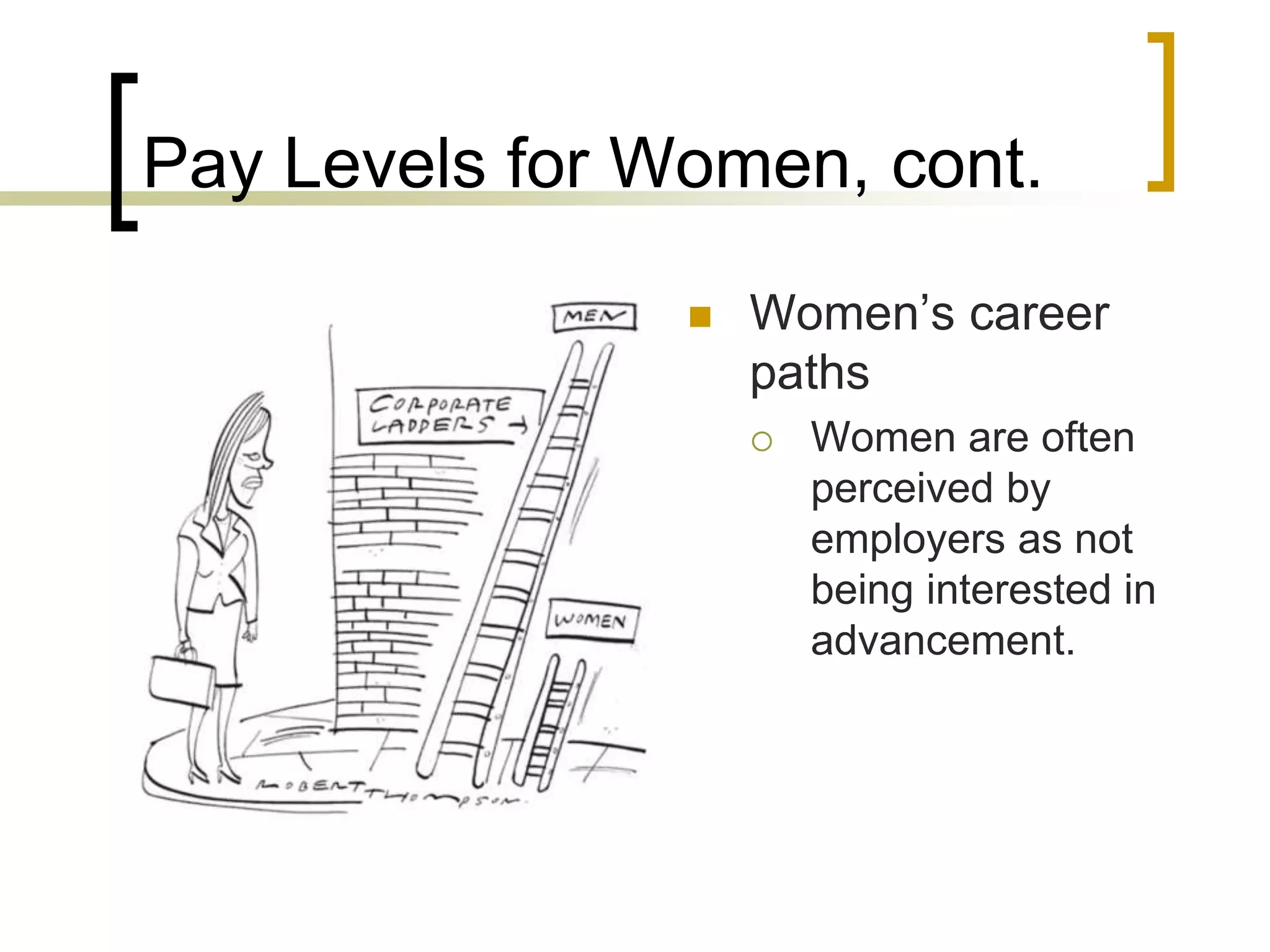 Pay Levels for Women, cont.
 Women’s career
paths
 Women are often
perceived by
employers as not
being interested in
advancement.
 