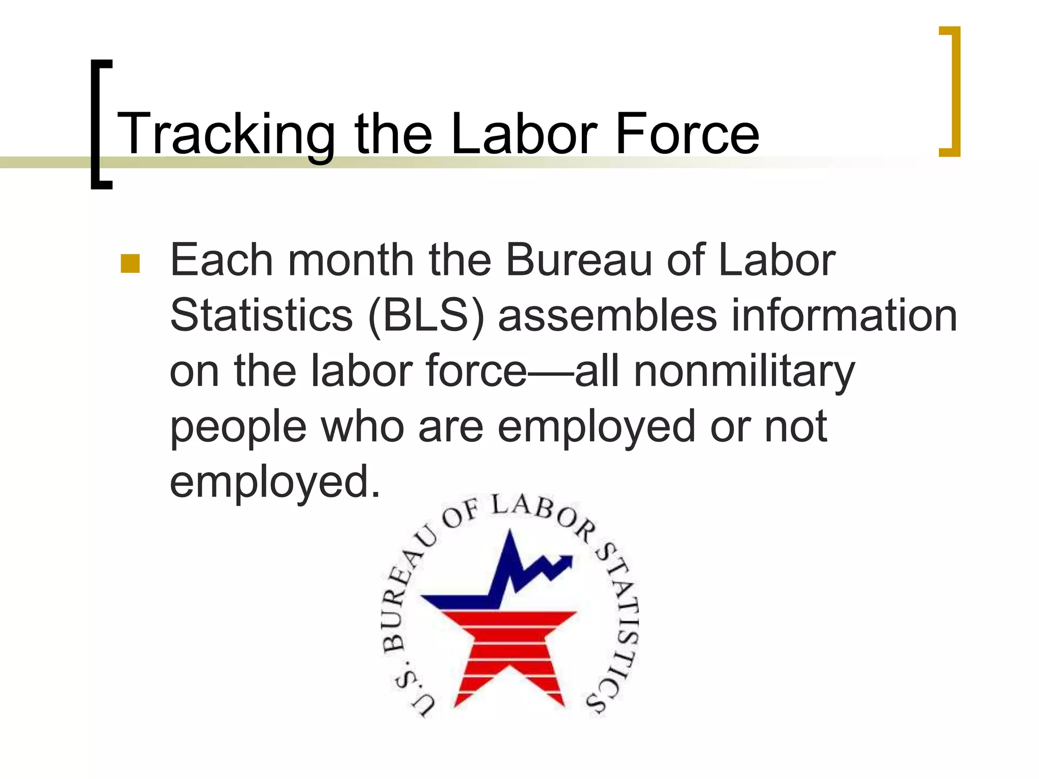 Tracking the Labor Force
 Each month the Bureau of Labor
Statistics (BLS) assembles information
on the labor force—all nonmilitary
people who are employed or not
employed.
 