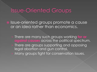  Issue-oriented groups promote a cause
or an idea rather than economics.
› There are many such groups working for or
against causes across the political spectrum.
› There are groups supporting and opposing
legal abortion and gun control.
› Many groups fight for conservation issues.
 