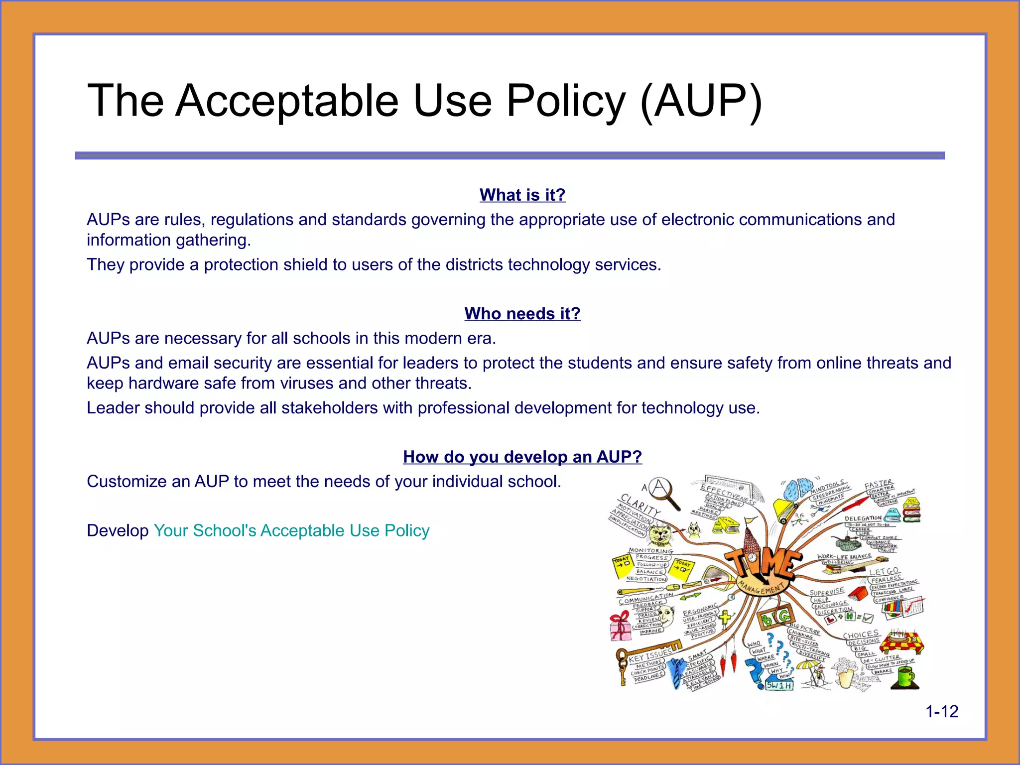 The Acceptable Use Policy (AUP)
What is it?
AUPs are rules, regulations and standards governing the appropriate use of electronic communications and
information gathering.
They provide a protection shield to users of the districts technology services.
Who needs it?
AUPs are necessary for all schools in this modern era.
AUPs and email security are essential for leaders to protect the students and ensure safety from online threats and
keep hardware safe from viruses and other threats.
Leader should provide all stakeholders with professional development for technology use.
How do you develop an AUP?
Customize an AUP to meet the needs of your individual school.
Develop Your School's Acceptable Use Policy
1-12
 