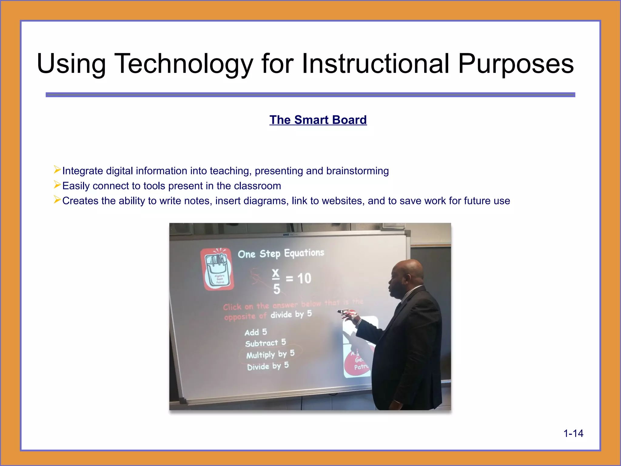 Using Technology for Instructional Purposes
The Smart Board
Integrate digital information into teaching, presenting and brainstorming
Easily connect to tools present in the classroom
Creates the ability to write notes, insert diagrams, link to websites, and to save work for future use
1-14
 