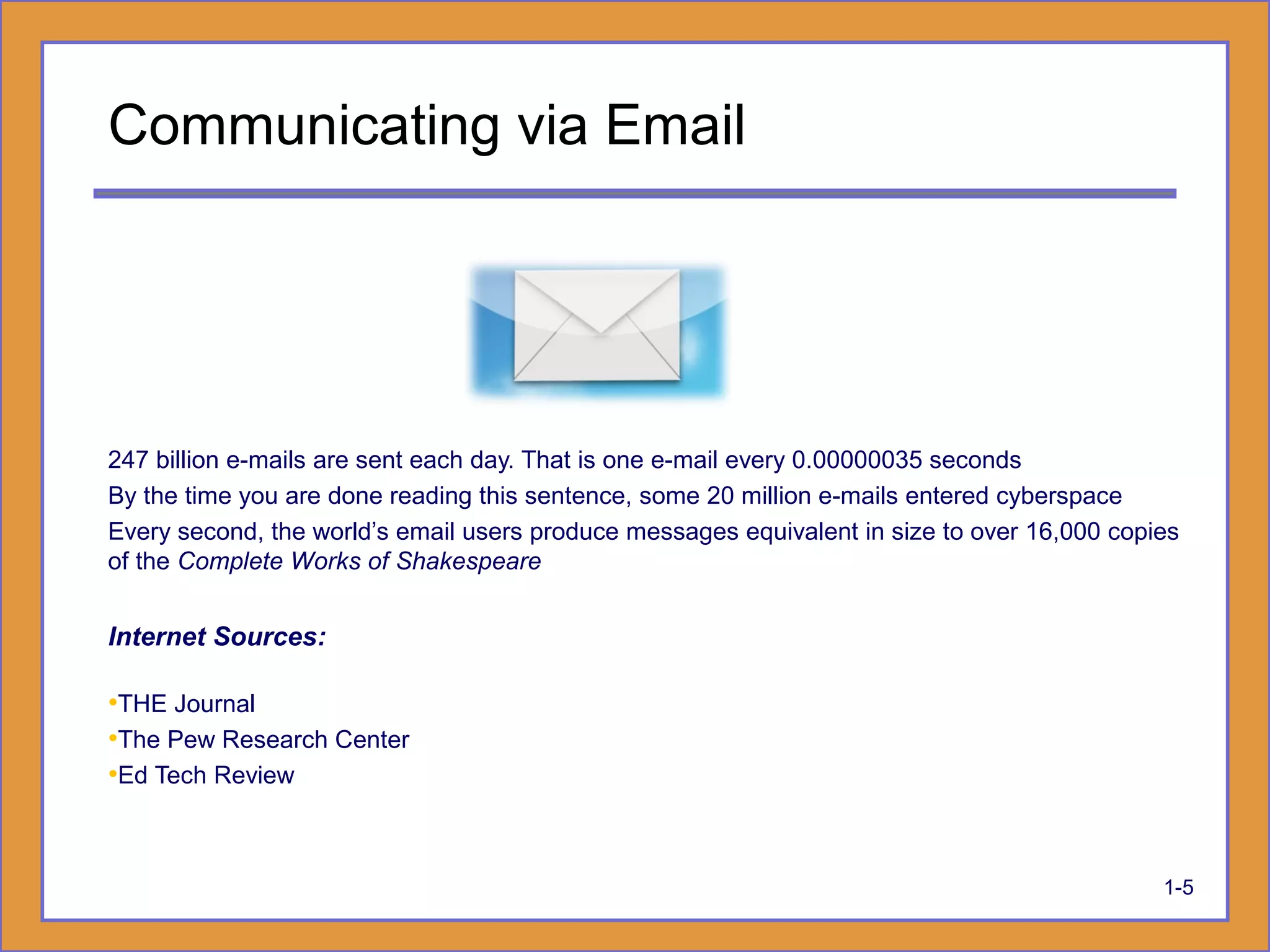 Communicating via Email
247 billion e-mails are sent each day. That is one e-mail every 0.00000035 seconds
By the time you are done reading this sentence, some 20 million e-mails entered cyberspace
Every second, the world’s email users produce messages equivalent in size to over 16,000 copies
of the Complete Works of Shakespeare
Internet Sources:
•THE Journal
•The Pew Research Center
•Ed Tech Review
1-5
 