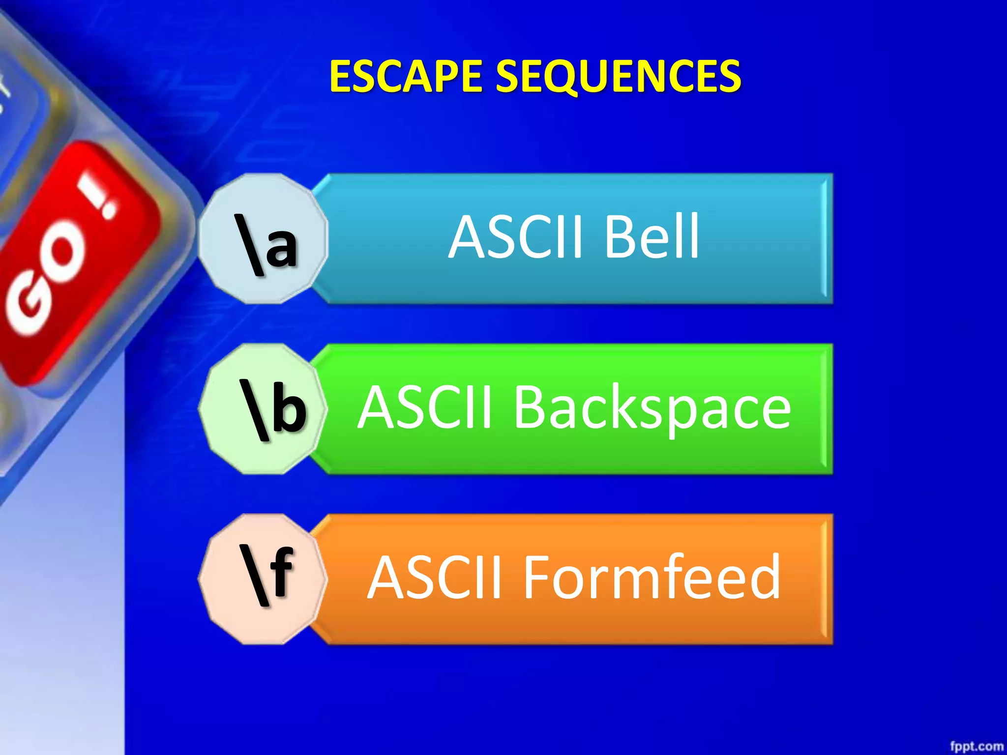 ESCAPE SEQUENCES
ASCII Bell
ASCII Backspace
ASCII Formfeed
a
b
f
 