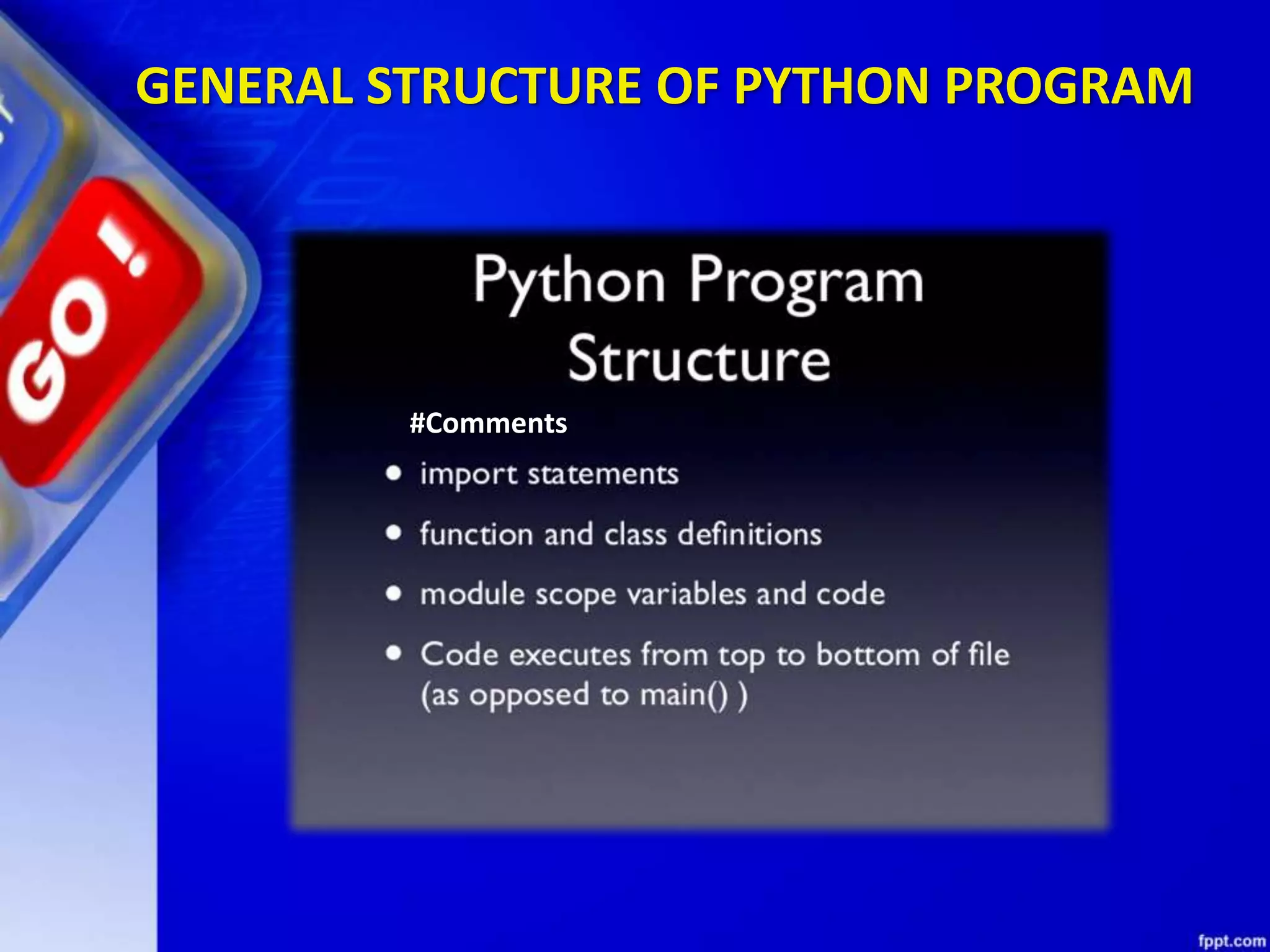 GENERAL STRUCTURE OF PYTHON PROGRAM
#Comments
 
