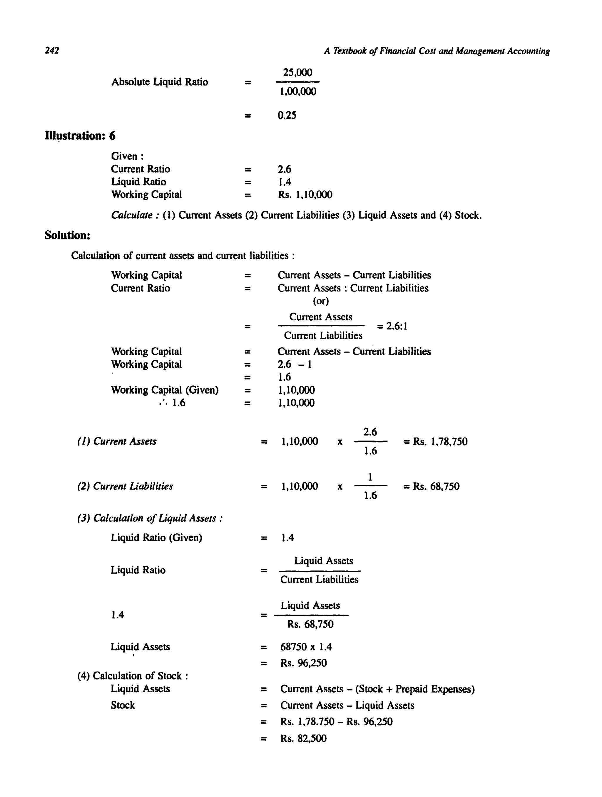 242
Absolute Liquid Ratio
Illustration: 6
Given:
Current Ratio
Liquid Ratio
Working Capital
=
25,000
1,00,000
A Textbook ofFinancial Cost and Management Accounting
= 0.2.5
=
=
=
2.6
1.4
Rs. 1,10,000
Calculate: (I) Current Assets (2) Current Liabilities (3) Liquid Assets and (4) Stock.
Solution:
Calculation of current assets and current liabilities :
Working Capital
Current Ratio
Working Capital
Working Capital
Working Capital (Given)
... 1.6
(1) Current Assets
(2) Current Liabilities
(3) Calculation of Liquid Assets :
Liquid Ratio (Given)
Liquid Ratio
1.4
Liquid Assets
(4) Calculation of Stock:
Liquid Assets
Stock
=
=
=
=
=
=
=
Current Assets - Current Liabilities
Current Assets: Current Liabilities
(or)
Current Assets
=2.6:1
Current Liabilities
Current Assets - Current Liabilities
2.6 - I
1.6
1,10,000
1,10,000
= 1,10,000 x
2.6
1.6
=Rs. 1,78,750
= 1,10,000 x
= 1.4
=
=
=
=
Liquid Assets
Current Liabilities
Liquid Assets
Rs.68,750
68750 x 1.4
Rs.96,250
1.6
=Rs. 68,750
= Current Assets - (Stock + Prepaid Expenses)
= Current Assets - Liquid Assets
= Rs. 1,78.750 - Rs. 96,250
= Rs.82,500
 