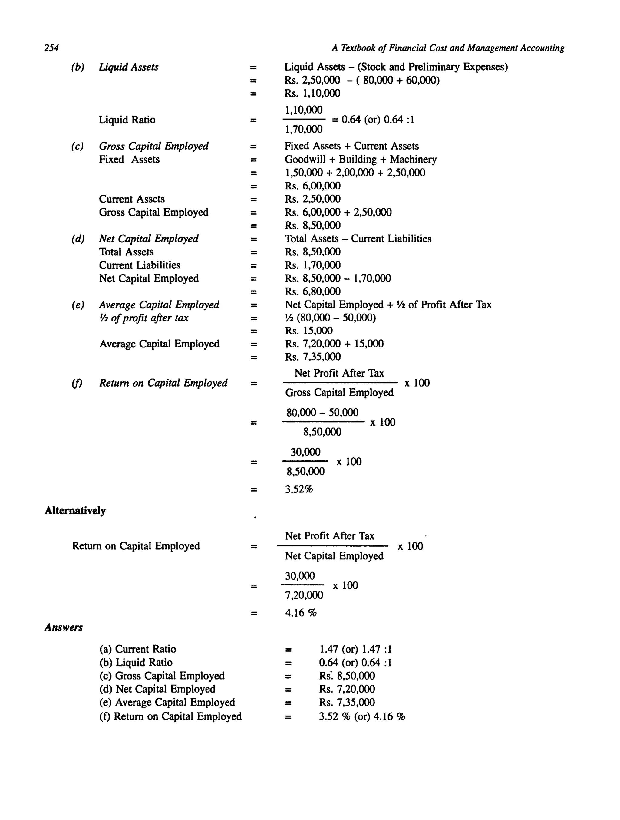 254
(b) Uquid Assets
Liquid Ratio
(c) Gross Capital Employed
Fixed Assets
Current Assets
Gross Capital Employed
(d) Net Capital Employed
Total Assets
Current Liabilities
Net Capital Employed
(e) Average Capital Employed
*ofprofit after tax
Average Capital Employed
if) Return on Capital Employed
Alternatively
Return on Capital Employed
Answers
(a) Current Ratio
(b) Liquid Ratio
(c) Gross Capital Employed
(d) Net Capital Employed
(e) Average Capital Employed
(f) Return on Capital Employed
=
A Textbook ofFinancial Cost and Management Accounting
Liquid Assets - (Stock and Preliminary Expenses)
= Rs. 2,50,000 - ( 80,000 + 60,(00)
= Rs. 1,10,000
1,10,000
= = 0.64 (or) 0.64 :1
1,70,000
= Fixed Assets + Current Assets
= Goodwill + Building + Machinery
= 1,50,000 + 2,00,000 + 2,50,000
= Rs. 6,00,000
= Rs. 2,50,000
= Rs. 6,00,000 + 2,50,000
= Rs. 8,50,000
= Total Assets - Current Liabilities
= Rs. 8,50,000
= Rs. 1,70,000
= Rs. 8,50,000 - 1,70,000
= Rs. 6,80,000
= Net Capital Employed + !h of Profit After Tax
= !h (80,000 - 50,(00)
= Rs.15,000
= Rs. 7,20,000 + 15,000
= Rs. 7,35,000
=
=
Net Profit After Tax
Gross Capital Employed
80,000 - 50,000
------xl00
8,50,000
30,000
= x 100
8,50,000
= 3.52%
=
Net Profit After Tax
Net Capital Employed
30,000
x 100
7,20,000
= 4.16 %
= 1.47 (or) 1.47 :1
= 0.64 (or) 0.64 :1
= Rs: 8,50,000
= Rs. 7,20,000
= Rs.7,35,ooo
x 100
x 100
= 3.52 % (or) 4.16 %
 