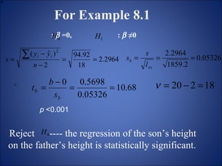 For Example 8.1 p  <0.001 .  Reject  ---- the regression of the son’s height on the father’s height is statistically significant. :     =0,  :     ≠0 
