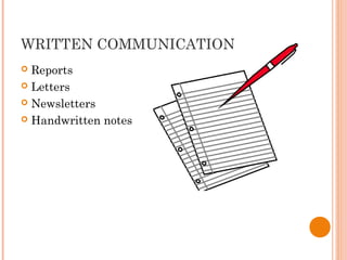 WRITTEN COMMUNICATION
 Reports
 Letters
 Newsletters
 Handwritten notes
 