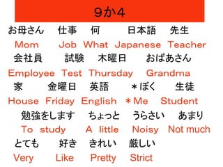 ９か４
お母さん 仕事 何 日本語 先生
Ｍｏｍ Ｊｏｂ Ｗｈａｔ Ｊａｐａｎｅｓｅ Ｔｅａｃｈｅｒ
会社員 試験 木曜日 おばあさん
Ｅｍｐｌｏｙｅｅ Ｔｅｓｔ Ｔｈｕｒｓｄａｙ Ｇｒａｎｄｍａ
家 金曜日 英語 ＊ぼく 生徒
Ｈｏｕｓｅ Ｆｒｉｄａｙ Ｅｎｇｌｉｓｈ ＊Ｍｅ Ｓｔｕｄｅｎｔ
勉強をします ちょっと うらさい あまり
Ｔｏ ｓｔｕｄｙ Ａ ｌｉｔｔｌｅ Ｎｏｉｓｙ Not much
とても 好き きれい 厳しい
Very Like Pretty Strict
 