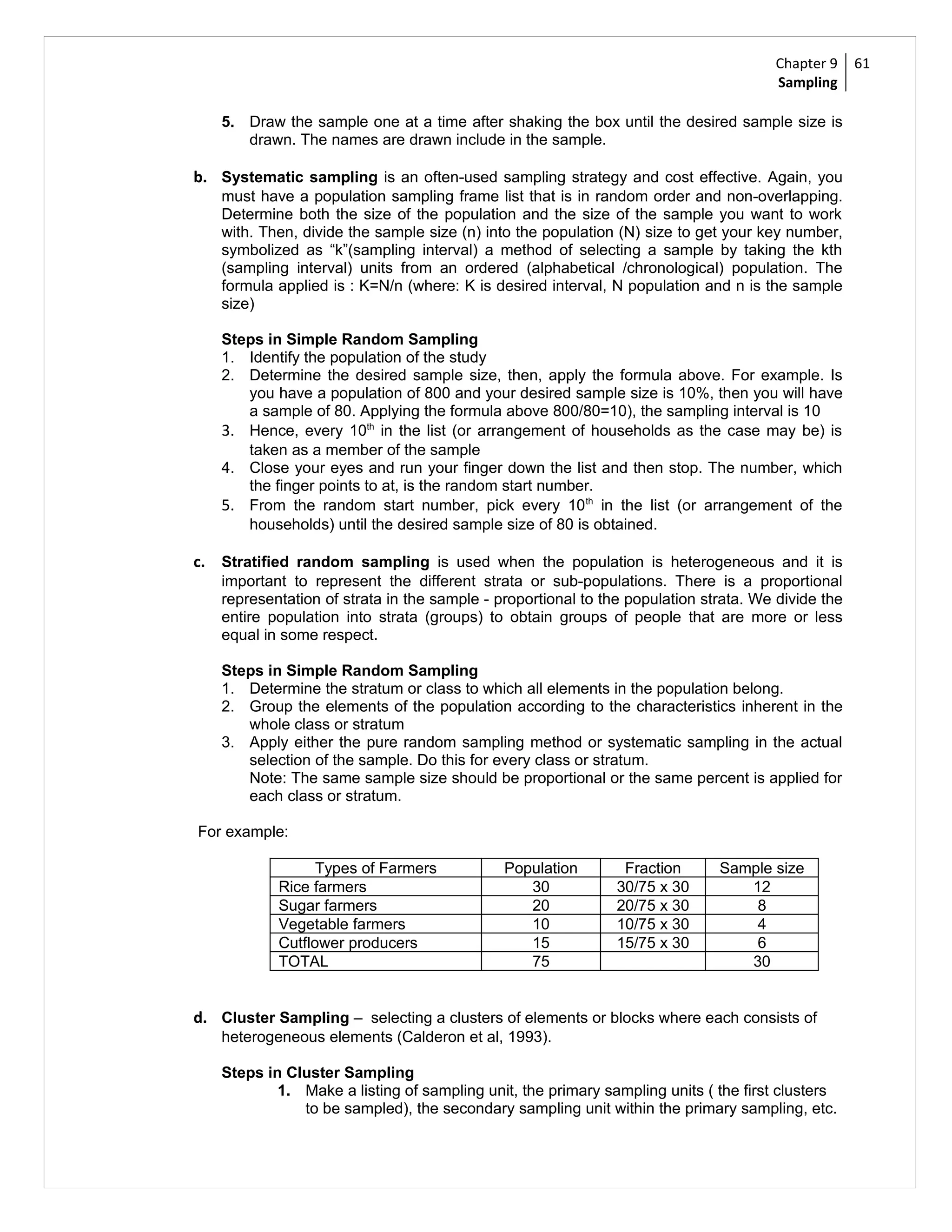 Chapter 9     61
                                                                                     Sampling

   5. Draw the sample one at a time after shaking the box until the desired sample size is
      drawn. The names are drawn include in the sample.

b. Systematic sampling is an often-used sampling strategy and cost effective. Again, you
   must have a population sampling frame list that is in random order and non-overlapping.
   Determine both the size of the population and the size of the sample you want to work
   with. Then, divide the sample size (n) into the population (N) size to get your key number,
   symbolized as “k”(sampling interval) a method of selecting a sample by taking the kth
   (sampling interval) units from an ordered (alphabetical /chronological) population. The
   formula applied is : K=N/n (where: K is desired interval, N population and n is the sample
   size)

   Steps in Simple Random Sampling
   1. Identify the population of the study
   2. Determine the desired sample size, then, apply the formula above. For example. Is
      you have a population of 800 and your desired sample size is 10%, then you will have
      a sample of 80. Applying the formula above 800/80=10), the sampling interval is 10
   3. Hence, every 10th in the list (or arrangement of households as the case may be) is
      taken as a member of the sample
   4. Close your eyes and run your finger down the list and then stop. The number, which
      the finger points to at, is the random start number.
   5. From the random start number, pick every 10 th in the list (or arrangement of the
      households) until the desired sample size of 80 is obtained.

c. Stratified random sampling is used when the population is heterogeneous and it is
   important to represent the different strata or sub-populations. There is a proportional
   representation of strata in the sample - proportional to the population strata. We divide the
   entire population into strata (groups) to obtain groups of people that are more or less
   equal in some respect.

   Steps in Simple Random Sampling
   1. Determine the stratum or class to which all elements in the population belong.
   2. Group the elements of the population according to the characteristics inherent in the
      whole class or stratum
   3. Apply either the pure random sampling method or systematic sampling in the actual
      selection of the sample. Do this for every class or stratum.
      Note: The same sample size should be proportional or the same percent is applied for
      each class or stratum.

For example:

                 Types of Farmers            Population        Fraction      Sample size
           Rice farmers                         30            30/75 x 30        12
           Sugar farmers                        20            20/75 x 30         8
           Vegetable farmers                    10            10/75 x 30         4
           Cutflower producers                  15            15/75 x 30         6
           TOTAL                                75                              30


d. Cluster Sampling – selecting a clusters of elements or blocks where each consists of
   heterogeneous elements (Calderon et al, 1993).

   Steps in Cluster Sampling
           1. Make a listing of sampling unit, the primary sampling units ( the first clusters
              to be sampled), the secondary sampling unit within the primary sampling, etc.
 