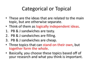 Categorical or Topical
• These are the ideas that are related to the main
topic, but are otherwise separate.
• Think of th...