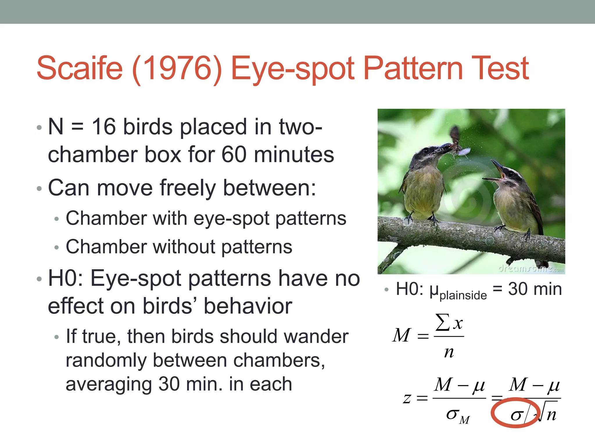 Scaife (1976) Eye-spot Pattern Test
• N = 16 birds placed in two-
chamber box for 60 minutes
• Can move freely between:
• Chamber with eye-spot patterns
• Chamber without patterns
• H0: Eye-spot patterns have no
effect on birds’ behavior
• If true, then birds should wander
randomly between chambers,
averaging 30 min. in each
• H0: µplainside = 30 min
n
MM
z
M 


 



n
x
M


 