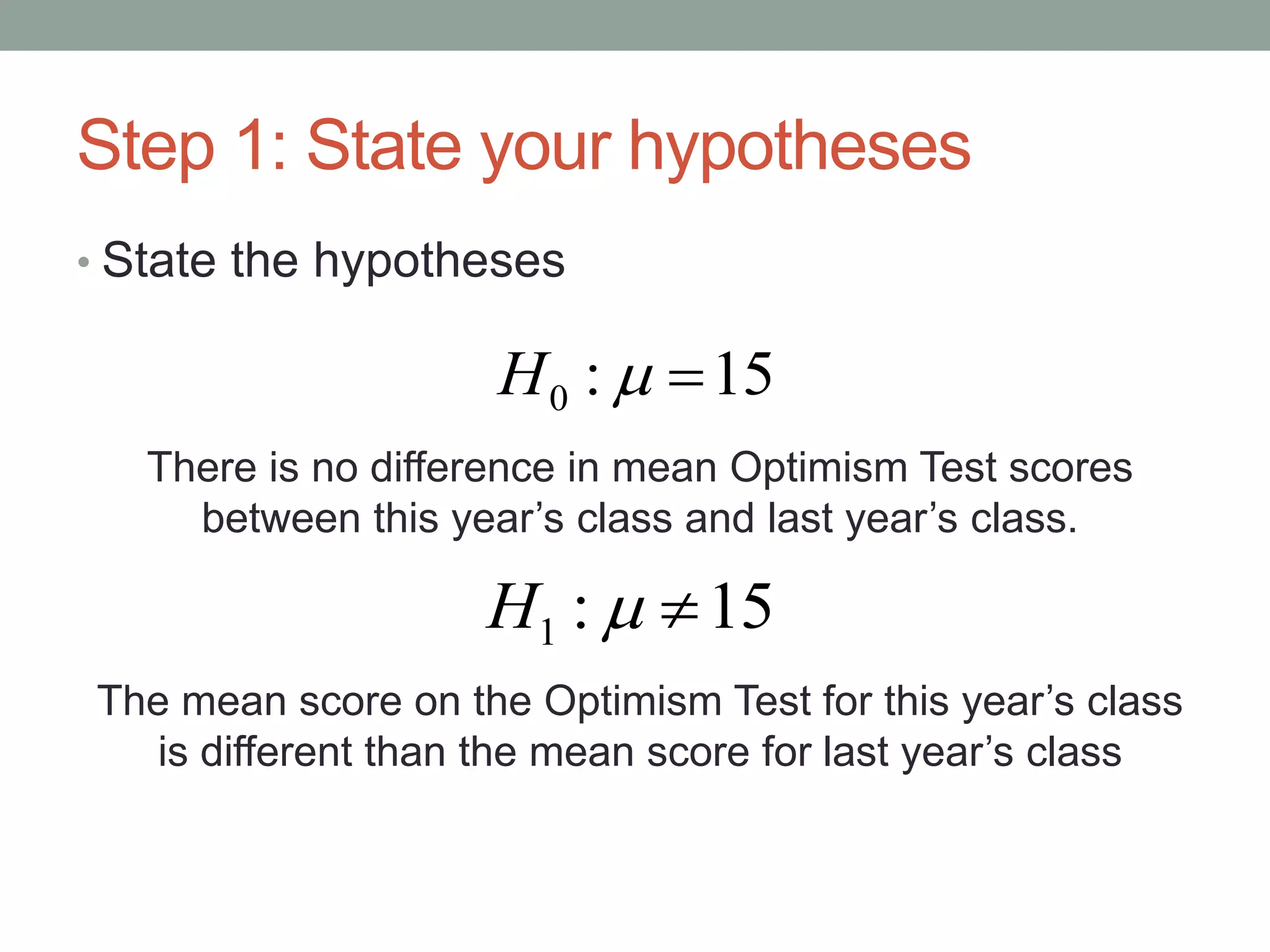 Step 1: State your hypotheses
• State the hypotheses
There is no difference in mean Optimism Test scores
between this year’s class and last year’s class.
The mean score on the Optimism Test for this year’s class
is different than the mean score for last year’s class
15:1 H
15:0 H
 