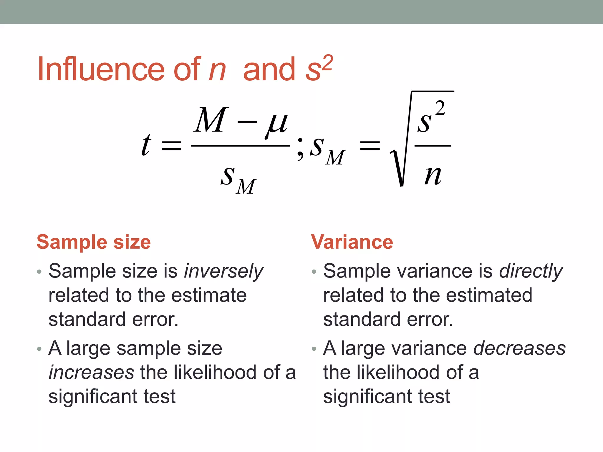 Influence of n and s2
Sample size
• Sample size is inversely
related to the estimate
standard error.
• A large sample size
increases the likelihood of a
significant test
Variance
• Sample variance is directly
related to the estimated
standard error.
• A large variance decreases
the likelihood of a
significant test
n
s
s
s
M
t M
M
2
; 



 
