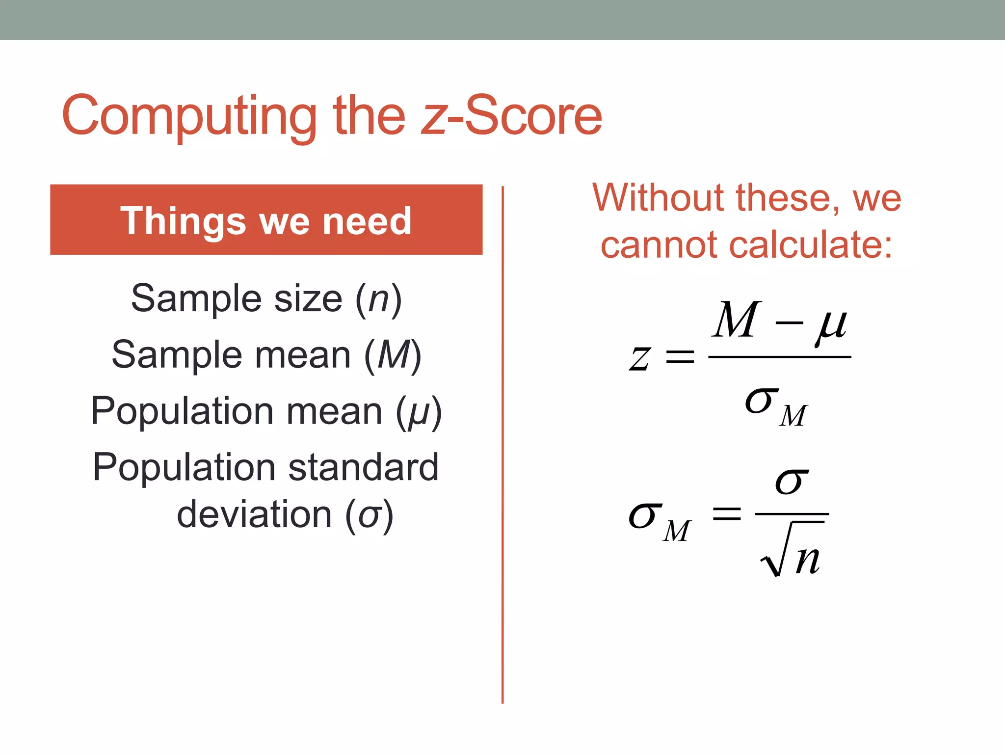 Computing the z-Score
Things we need
Sample size (n)
Sample mean (M)
Population mean (μ)
Population standard
deviation (σ)
Without these, we
cannot calculate:
n
M
z
M
M







 