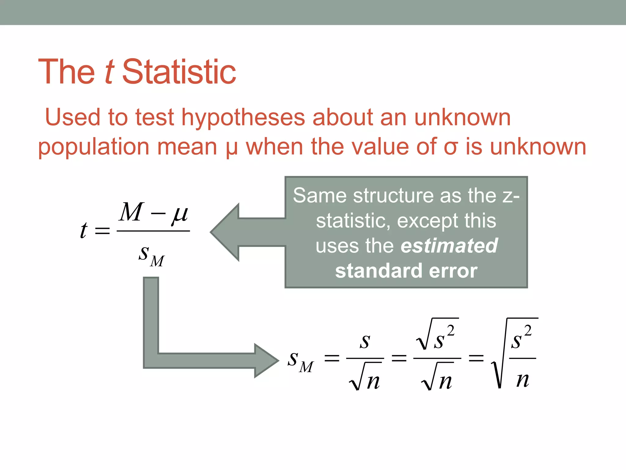 The t Statistic
Used to test hypotheses about an unknown
population mean μ when the value of σ is unknown
Ms
M
t


n
s
n
s
n
s
sM
22

Same structure as the z-
statistic, except this
uses the estimated
standard error
 