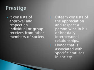  It consists of
approval and
respect an
individual or group
receives from other
members of society
1. Esteem consists of
the appreciation
and respect a
person wins in his
or her daily
interpersonal
relationships.
2. Honor that is
associated with
specific statuses
in society
 