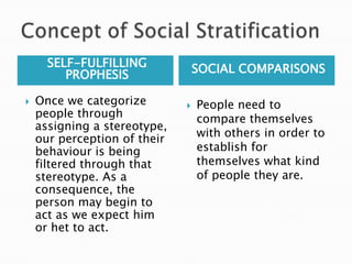SELF-FULFILLING
PROPHESIS SOCIAL COMPARISONS
 Once we categorize
people through
assigning a stereotype,
our perception of their
behaviour is being
filtered through that
stereotype. As a
consequence, the
person may begin to
act as we expect him
or het to act.
 People need to
compare themselves
with others in order to
establish for
themselves what kind
of people they are.
 