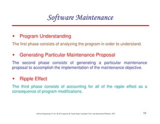 Software Maintenance
Program Understanding
The first phase consists of analyzing the program in order to understand.

Generating Particular Maintenance Proposal
The second phase consists of generating a particular maintenance
proposal to accomplish the implementation of the maintenance objective.

Ripple Effect
The third phase consists of accounting for all of the ripple effect as a
consequence of program modifications.

Software Engineering (3rd ed.), By K.K Aggarwal & Yogesh Singh, Copyright © New Age International Publishers, 2007

11

 