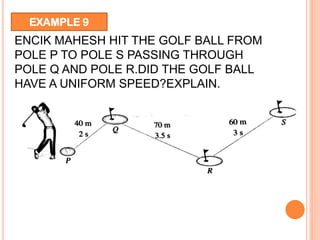 ENCIK MAHESH HIT THE GOLF BALL FROM
POLE P TO POLE S PASSING THROUGH
POLE Q AND POLE R.DID THE GOLF BALL
HAVE A UNIFORM SPEED?EXPLAIN.
EXAMPLE 9
 