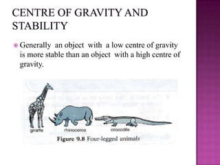  Generally an object with a low centre of gravity
 is more stable than an object with a high centre of
 gravity.
 