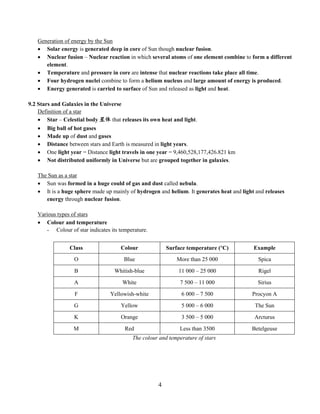 4
Generation of energy by the Sun
 Solar energy is generated deep in core of Sun though nuclear fusion.
 Nuclear fusion – Nuclear reaction in which several atoms of one element combine to form a different
element.
 Temperature and pressure in core are intense that nuclear reactions take place all time.
 Four hydrogen nuclei combine to form a helium nucleus and large amount of energy is produced.
 Energy generated is carried to surface of Sun and released as light and heat.
9.2 Stars and Galaxies in the Universe
Definition of a star
 Star – Celestial body 星体 that releases its own heat and light.
 Big ball of hot gases
 Made up of dust and gases
 Distance between stars and Earth is measured in light years.
 One light year = Distance light travels in one year = 9,460,528,177,426.821 km
 Not distributed uniformly in Universe but are grouped together in galaxies.
The Sun as a star
 Sun was formed in a huge could of gas and dust called nebula.
 It is a huge sphere made up mainly of hydrogen and helium. It generates heat and light and releases
energy through nuclear fusion.
Various types of stars
 Colour and temperature
- Colour of star indicates its temperature.
Class Colour Surface temperature ( C) Example
O Blue More than 25 000 Spica
B Whitish-blue 11 000 – 25 000 Rigel
A White 7 500 – 11 000 Sirius
F Yellowish-white 6 000 – 7 500 Procyon A
G Yellow 5 000 – 6 000 The Sun
K Orange 3 500 – 5 000 Arcturus
M Red Less than 3500 Betelgeuse
The colour and temperature of stars
 