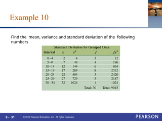 9 - 31 © 2012 Pearson Education, Inc.. All rights reserved.
Find the mean, variance and standard deviation of the following
numbers
Example 10
 