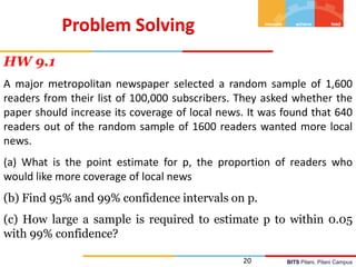BITS Pilani, Pilani Campus
20
Problem Solving
HW 9.1
A major metropolitan newspaper selected a random sample of 1,600
read...