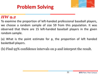 BITS Pilani, Pilani Campus
21
Problem Solving
HW 9.2
To examine the proportion of left-handed professional baseball player...