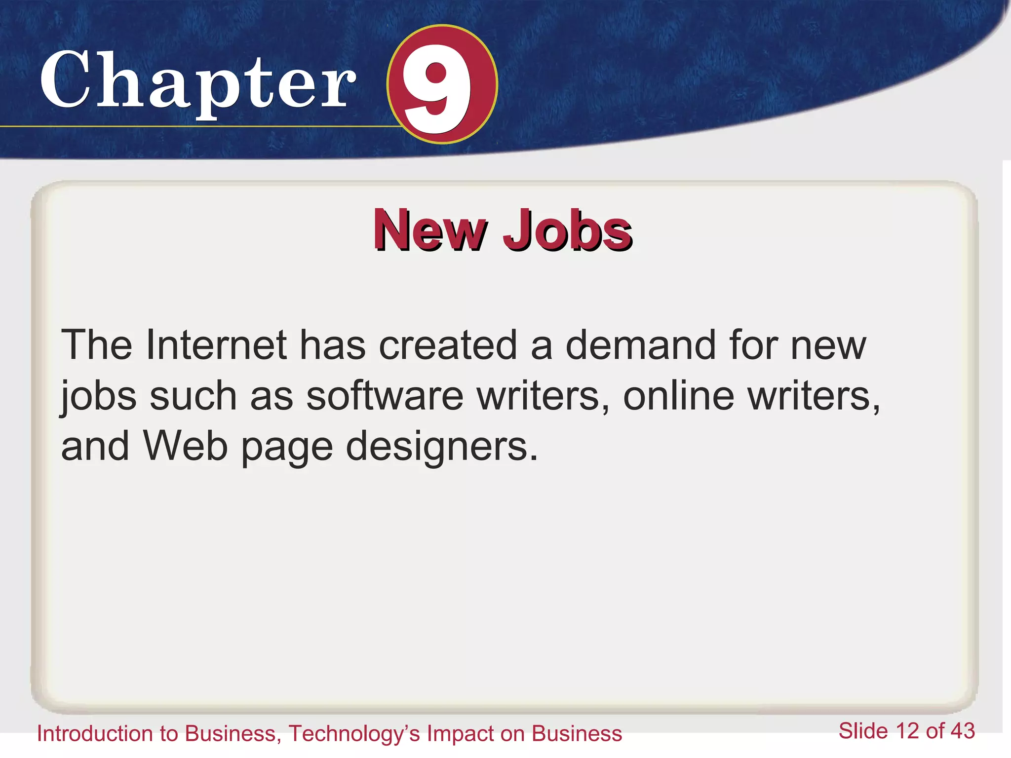 Introduction to Business 12
ChapterChapter 99
Introduction to Business, Technology’s Impact on Business Slide 12 of 43
New JobsNew Jobs
The Internet has created a demand for new
jobs such as software writers, online writers,
and Web page designers.
 