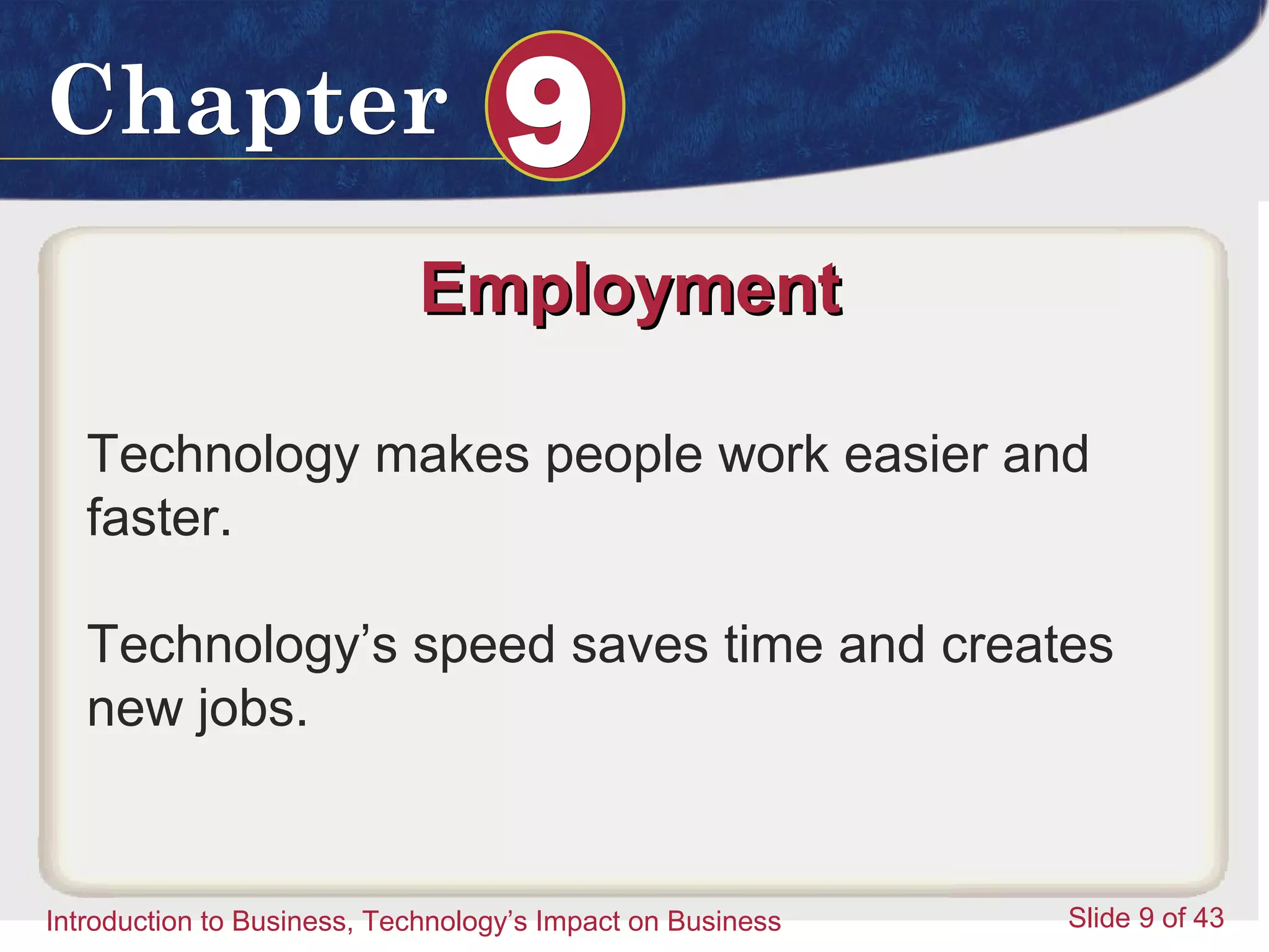 Introduction to Business 9
ChapterChapter 99
Introduction to Business, Technology’s Impact on Business Slide 9 of 43
EmploymentEmployment
Technology makes people work easier and
faster.
Technology’s speed saves time and creates
new jobs.
 