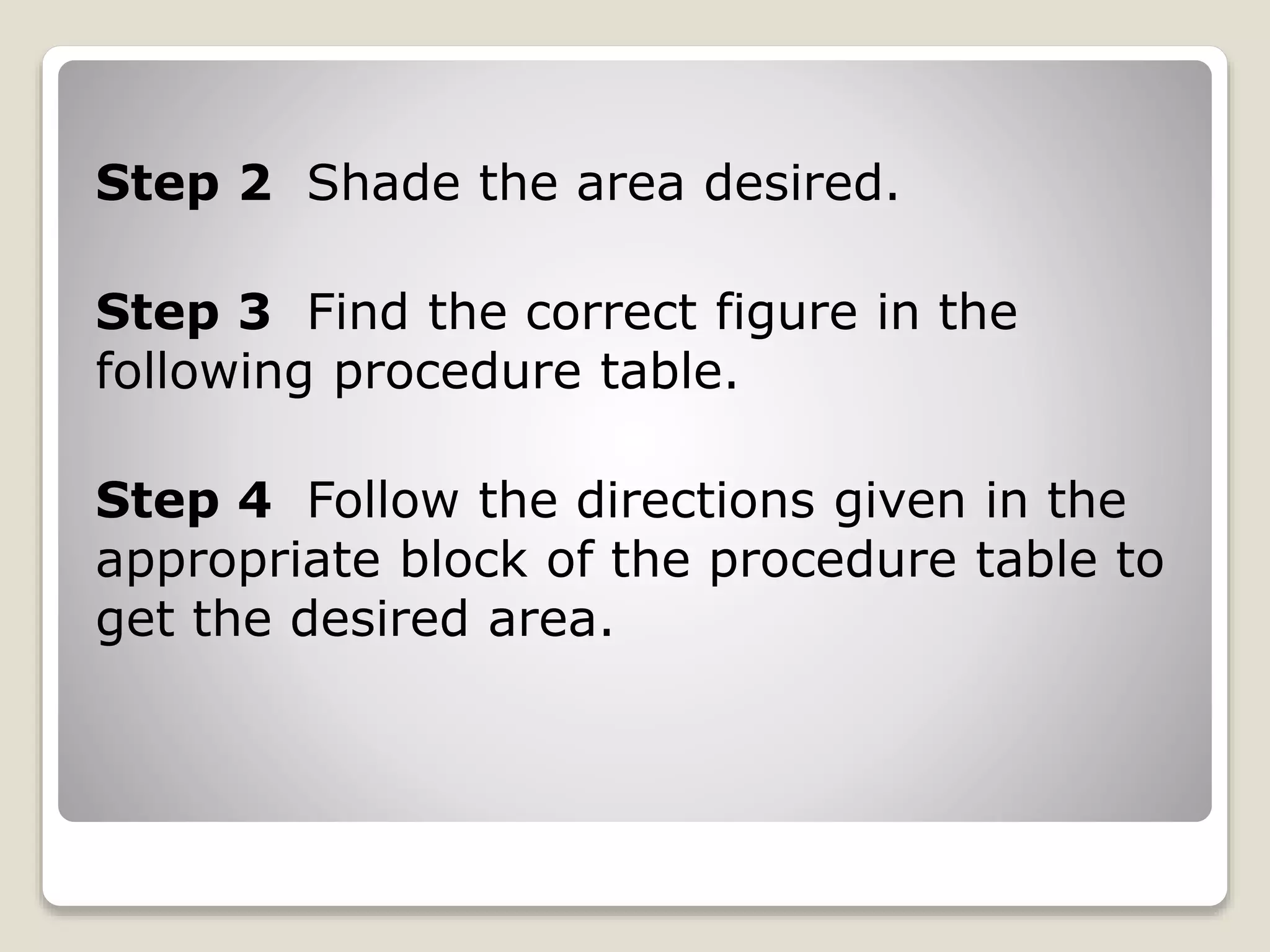 Step 2 Shade the area desired.
Step 3 Find the correct figure in the
following procedure table.
Step 4 Follow the directions given in the
appropriate block of the procedure table to
get the desired area.
 
