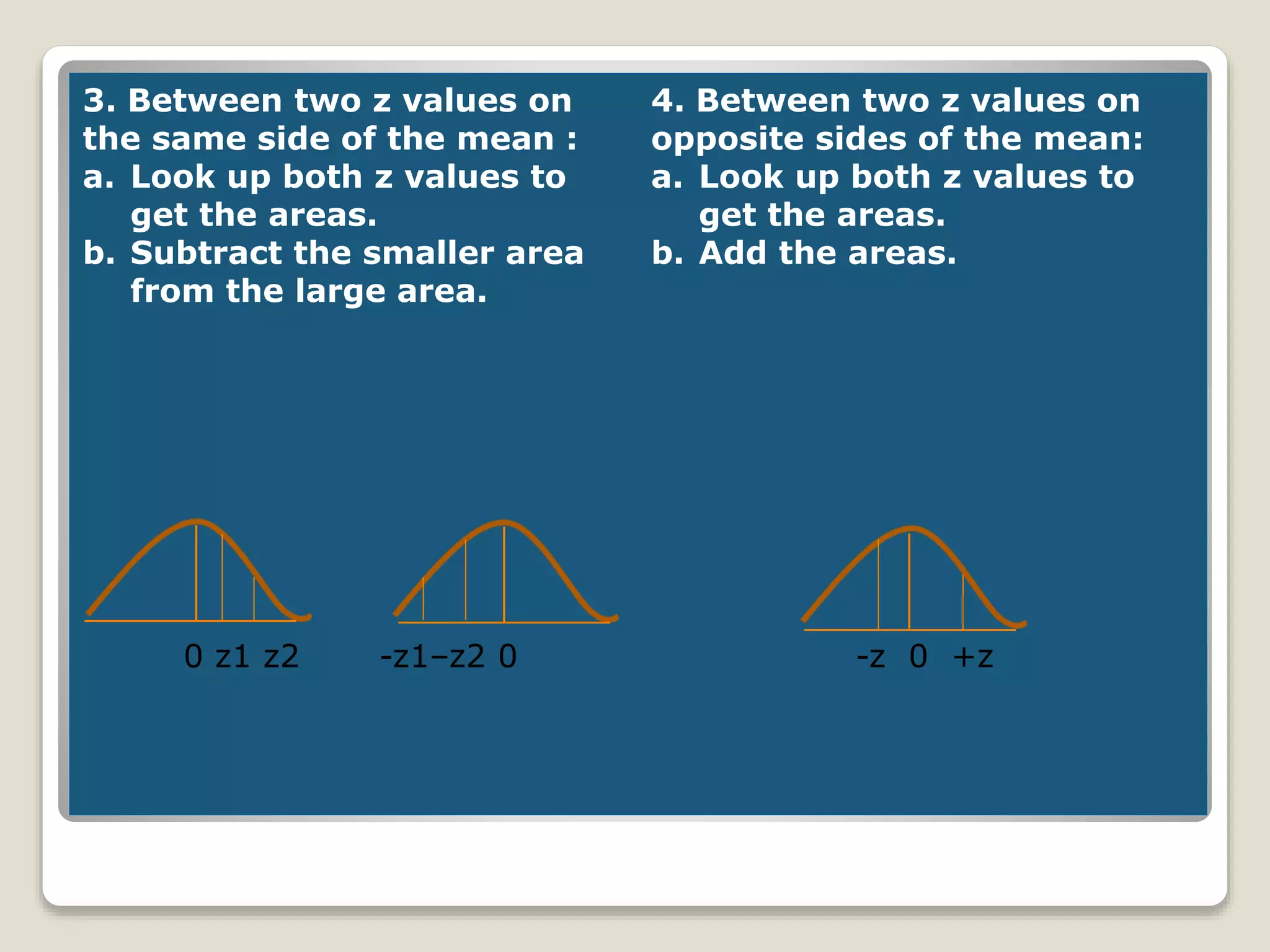 3. Between two z values on
the same side of the mean :
a. Look up both z values to
get the areas.
b. Subtract the smaller area
from the large area.
4. Between two z values on
opposite sides of the mean:
a. Look up both z values to
get the areas.
b. Add the areas.
0 z1 z2 -z1–z2 0 -z 0 +z
 