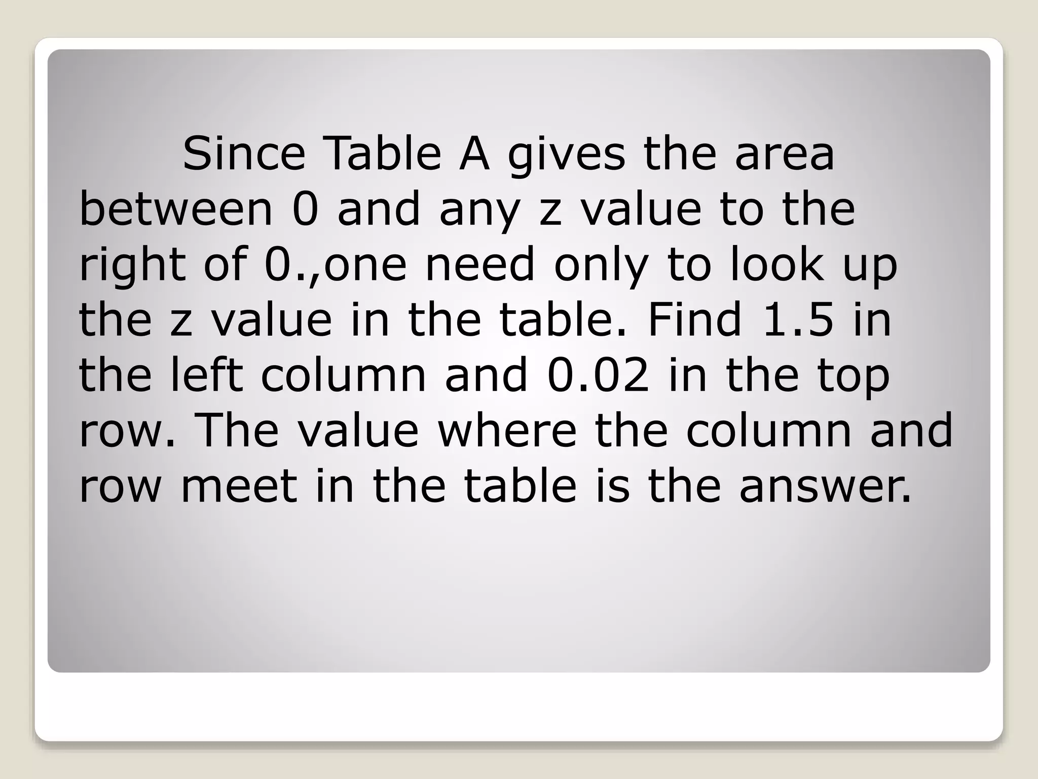 Since Table A gives the area
between 0 and any z value to the
right of 0.,one need only to look up
the z value in the table. Find 1.5 in
the left column and 0.02 in the top
row. The value where the column and
row meet in the table is the answer.
 