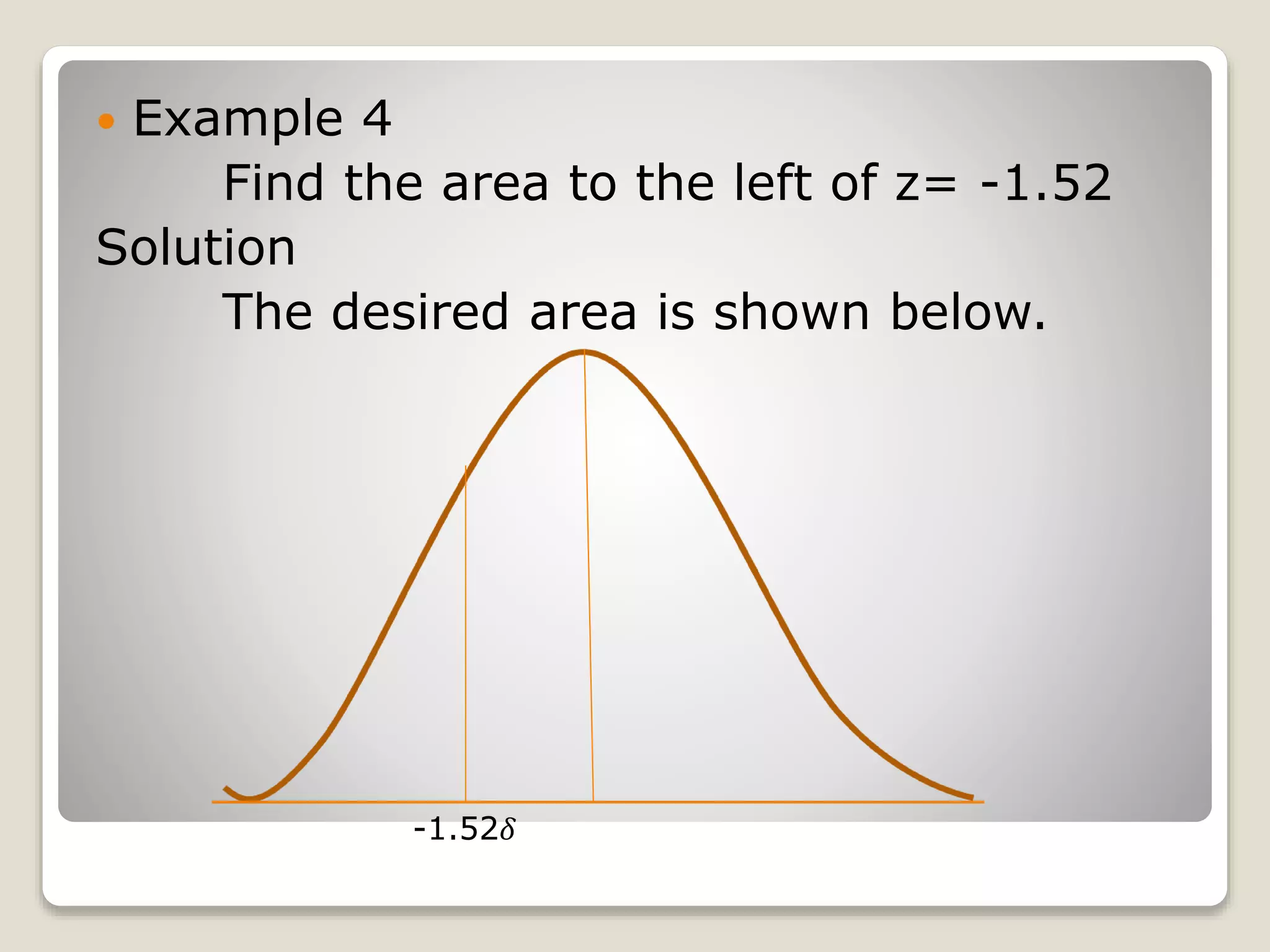  Example 4
Find the area to the left of z= -1.52
Solution
The desired area is shown below.
-1.52𝛿
 