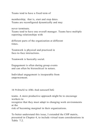 Teams tend to have a fixed term of
membership; that is, start and stop dates.
Teams are reconfigured dynamically and may
never terminate.
Teams tend to have one overall manager. Teams have multiple
reporting relationships with
different parts of the organization at different
times.
Teamwork is physical and practiced in
face-to-face interactions.
Teamwork is basically social.
Engagement is often during group events
and can often be hierarchical in nature.
Individual engagement is inseparable from
empowerment.
16 9vIrtuAl te AMs And outsourCInG
teams. A more productive approach might be to encourage
workers to
recognize that they must adapt to changing work environments
at the
risk of becoming marginal in their organizations.
To better understand this issue, I extended the COP matrix,
presented in Chapter 4, to include virtual team considerations in
Table 7.2.
 
