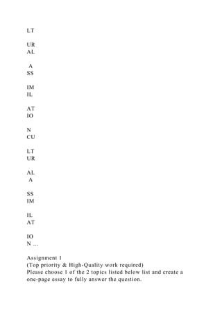LT
UR
AL
A
SS
IM
IL
AT
IO
N
CU
LT
UR
AL
A
SS
IM
IL
AT
IO
N …
Assignment 1
(Top priority & High-Quality work required)
Please choose 1 of the 2 topics listed below list and create a
one-page essay to fully answer the question.
 