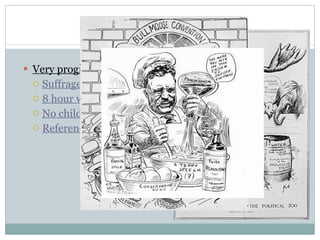 Bull Moose Forms Very progressive Suffrage 8 hour work day No child labor Referendum and recall 