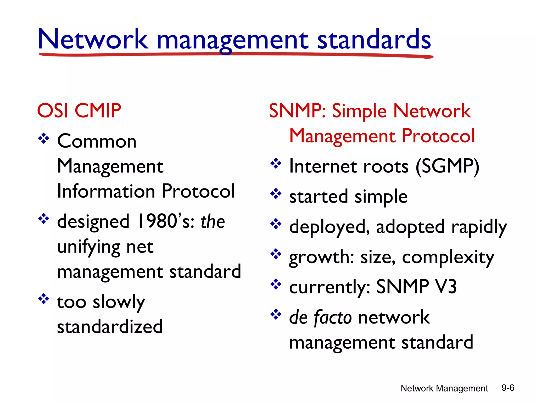 Network management standards
OSI CMIP
 Common
Management
Information Protocol
 designed 1980’s: the
unifying net
management standard
 too slowly
standardized

SNMP: Simple Network
Management Protocol
 Internet roots (SGMP)
 started simple
 deployed, adopted rapidly
 growth: size, complexity
 currently: SNMP V3
 de facto network
management standard
Network Management

9-6

 