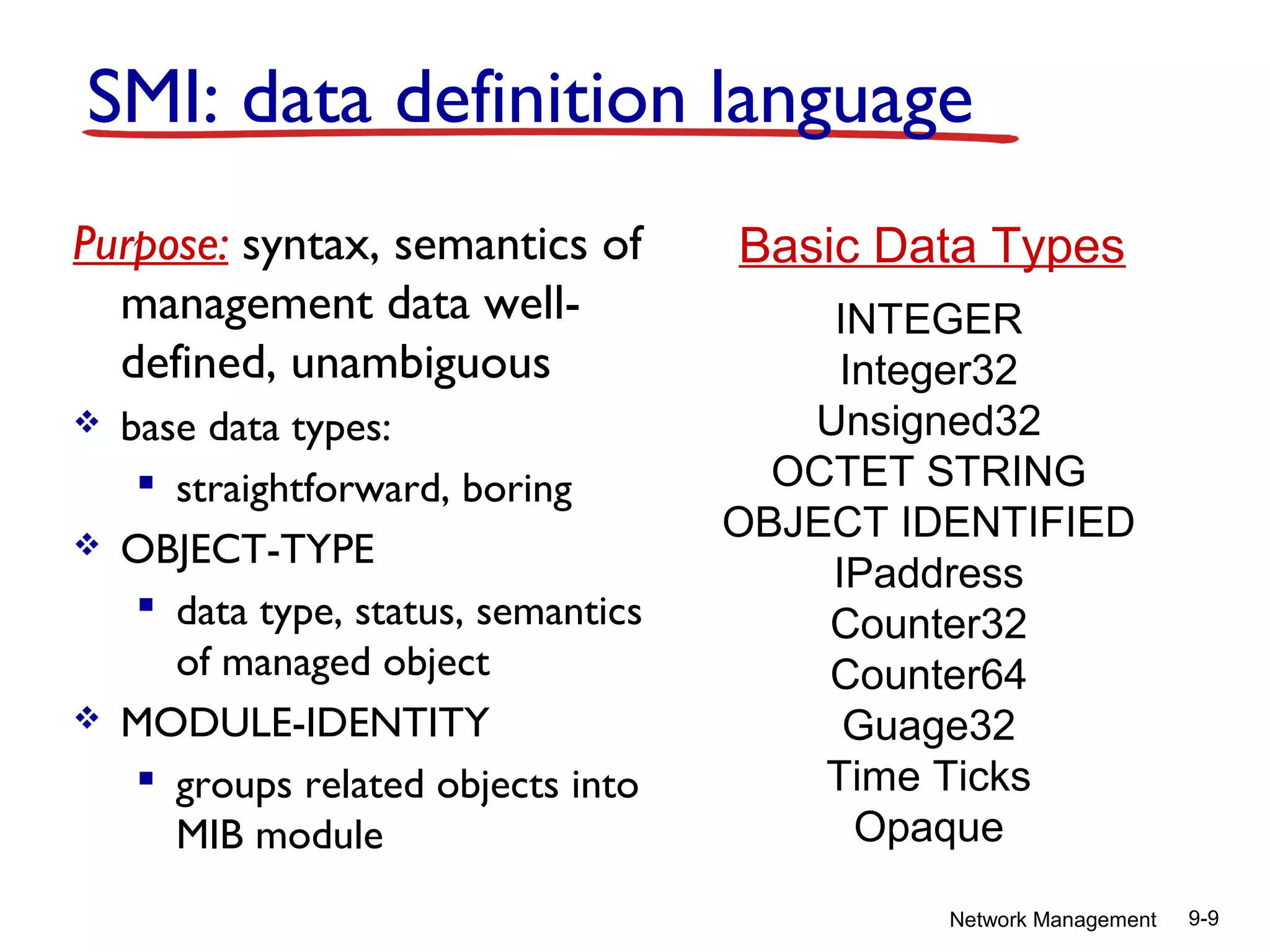 SMI: data definition language
Purpose: syntax, semantics of
management data welldefined, unambiguous






base data types:
 straightforward, boring
OBJECT-TYPE
 data type, status, semantics
of managed object
MODULE-IDENTITY
 groups related objects into
MIB module

Basic Data Types
INTEGER
Integer32
Unsigned32
OCTET STRING
OBJECT IDENTIFIED
IPaddress
Counter32
Counter64
Guage32
Time Ticks
Opaque
Network Management

9-9

 