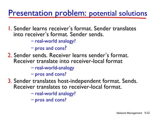 Presentation problem: potential solutions
1. Sender learns receiver’s format. Sender translates
into receiver’s format. Sender sends.
– real-world analogy?
– pros and cons?

2. Sender sends. Receiver learns sender’s format.
Receiver translate into receiver-local format
– real-world-analogy
– pros and cons?

3. Sender translates host-independent format. Sends.
Receiver translates to receiver-local format.
– real-world analogy?
– pros and cons?

Network Management 9-22

 