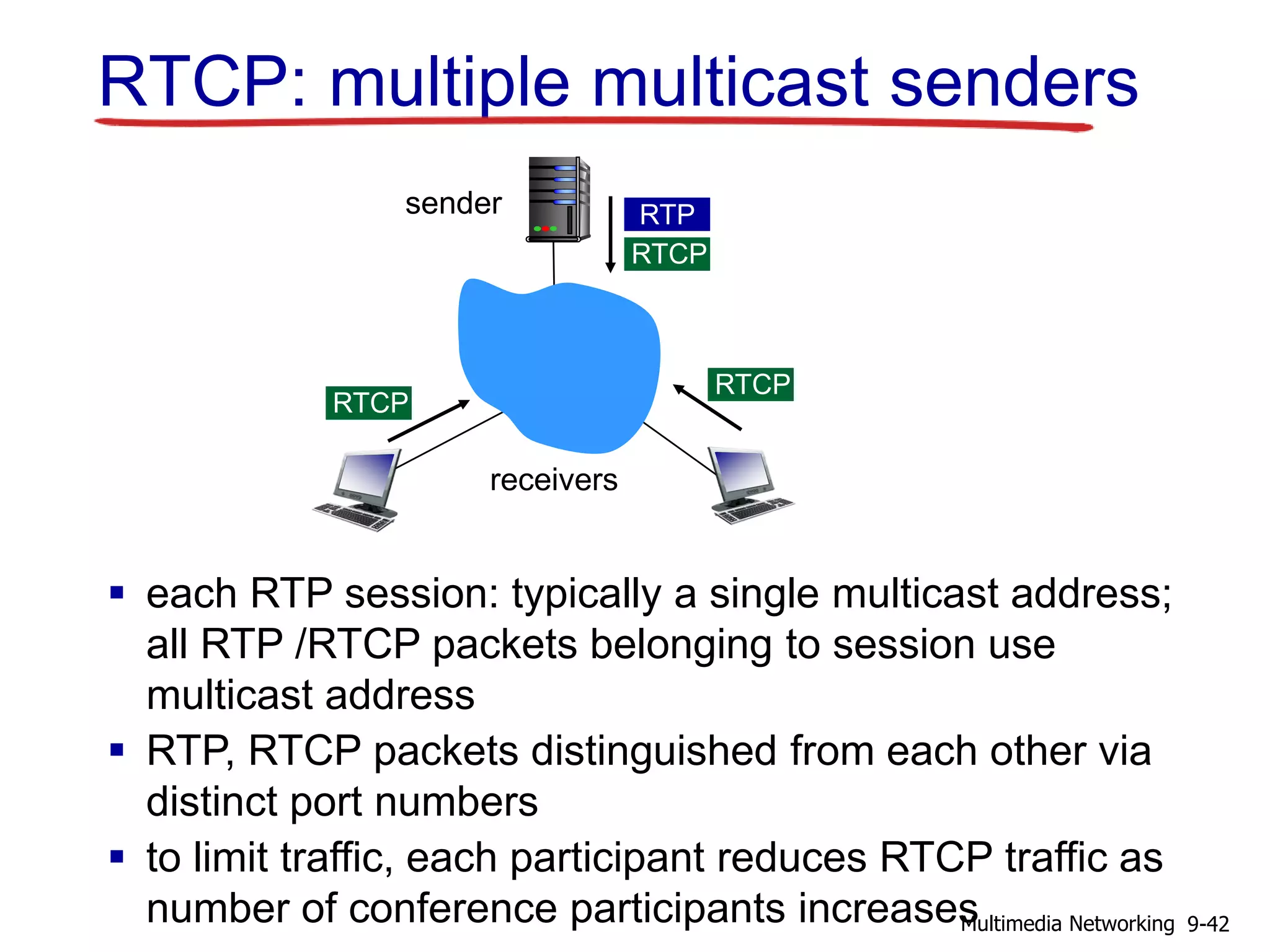 RTCP: multiple multicast senders
 each RTP session: typically a single multicast address;
all RTP /RTCP packets belonging to session use
multicast address
 RTP, RTCP packets distinguished from each other via
distinct port numbers
 to limit traffic, each participant reduces RTCP traffic as
number of conference participants increases
RTCP
RTP
RTCP
RTCP
sender
receivers
9-42Multimedia Networking
 