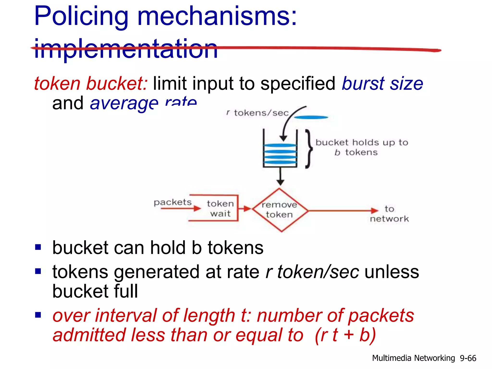 Policing mechanisms:
implementation
token bucket: limit input to specified burst size
and average rate
 bucket can hold b tokens
 tokens generated at rate r token/sec unless
bucket full
 over interval of length t: number of packets
admitted less than or equal to (r t + b)
9-66Multimedia Networking
 