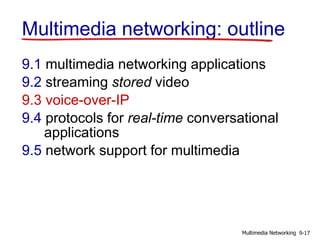 Multimedia networking: outline
9.1 multimedia networking applications
9.2 streaming stored video
9.3 voice-over-IP
9.4 protocols for real-time conversational
applications
9.5 network support for multimedia
9-17Multimedia Networking
 