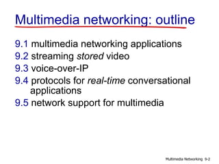 Multimedia networking: outline
9.1 multimedia networking applications
9.2 streaming stored video
9.3 voice-over-IP
9.4 protocols for real-time conversational
applications
9.5 network support for multimedia
9-2Multimedia Networking
 