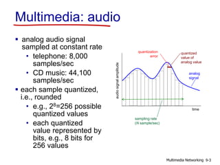 Multimedia: audio
 analog audio signal
sampled at constant rate
• telephone: 8,000
samples/sec
• CD music: 44,100
samples/sec
 each sample quantized,
i.e., rounded
• e.g., 28=256 possible
quantized values
• each quantized
value represented by
bits, e.g., 8 bits for
256 values
time
audiosignalamplitude
analog
signal
quantized
value of
analog value
quantization
error
sampling rate
(N sample/sec)
9-3Multimedia Networking
 