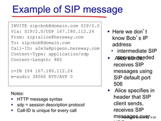 Example of SIP message
INVITE sip:bob@domain.com SIP/2.0
Via: SIP/2.0/UDP 167.180.112.24
From: sip:alice@hereway.com
To: sip:bob@domain.com
Call-ID: a2e3a@pigeon.hereway.com
Content-Type: application/sdp
Content-Length: 885
c=IN IP4 167.180.112.24
m=audio 38060 RTP/AVP 0
Notes:
 HTTP message syntax
 sdp = session description protocol
 Call-ID is unique for every call
 Here we don’t
know Bob’s IP
address
• intermediate SIP
servers needed Alice sends,
receives SIP
messages using
SIP default port
506
 Alice specifies in
header that SIP
client sends,
receives SIP
messages over9-50Multimedia Networking
 