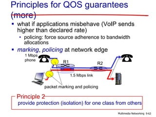Principles for QOS guarantees
(more)
 what if applications misbehave (VoIP sends
higher than declared rate)
• policing: force source adherence to bandwidth
allocations
 marking, policing at network edge
provide protection (isolation) for one class from others
Principle 2
R1 R2
1.5 Mbps link
1 Mbps
phone
packet marking and policing
9-62Multimedia Networking
 