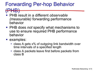Forwarding Per-hop Behavior
(PHB)
 PHB result in a different observable
(measurable) forwarding performance
behavior
 PHB does not specify what mechanisms to
use to ensure required PHB performance
behavior
 examples:
• class A gets x% of outgoing link bandwidth over
time intervals of a specified length
• class A packets leave first before packets from
class B
9-73Multimedia Networking
 
